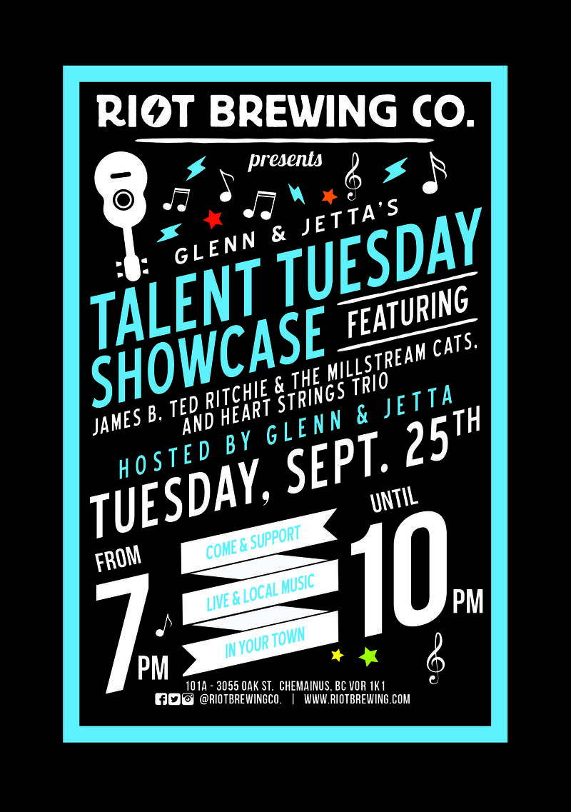 Talent Tuesday Showcase: James B Ted Richie & The Millstream Cats, Heart Stings Trio @ Riot Brewing Co. Sep 25 2018 - Jun 3rd @ Riot Brewing Co.