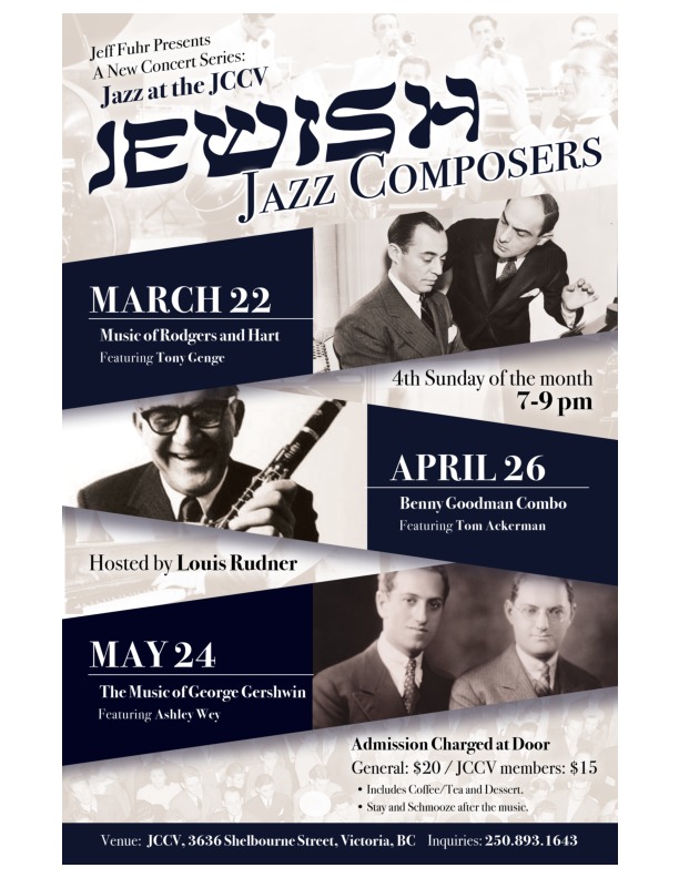 Jazz at the JCCV: The Music of Rodgers and Hart - Featuring Tony Genge: Tony Genge (Piano), Louis Rudner (Bass), Nicholas Bracewell  (Drums) @ Jewish Community Center of Victoria - Mar 22, 2020