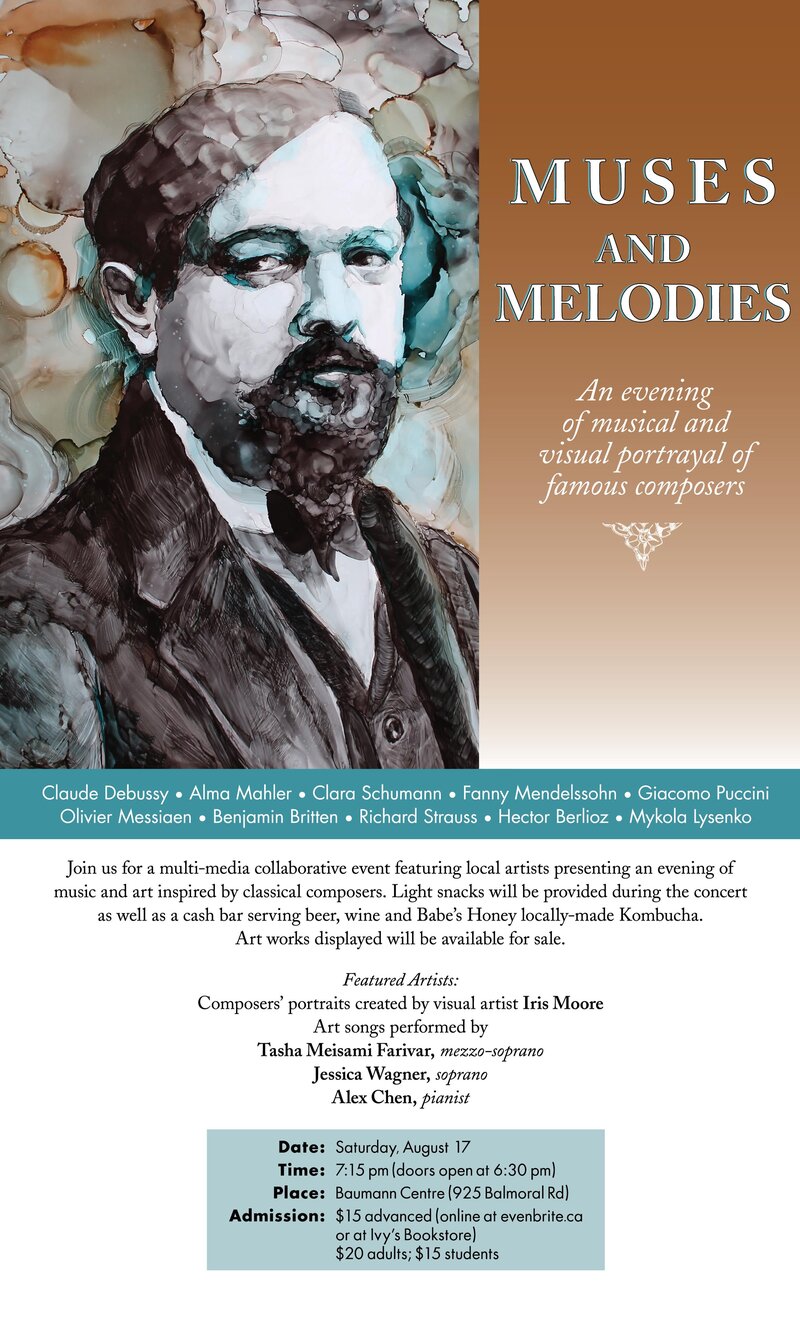 Muses and Melodies: Iris Moore (visual artist), Tasha Meisami Farivar (mezzo-soprano), Jessica Wagner (soprano), Alex Chen (pianist) @ The Baumann Centre & Pacific Opera Victoria  - Aug 17, 2019