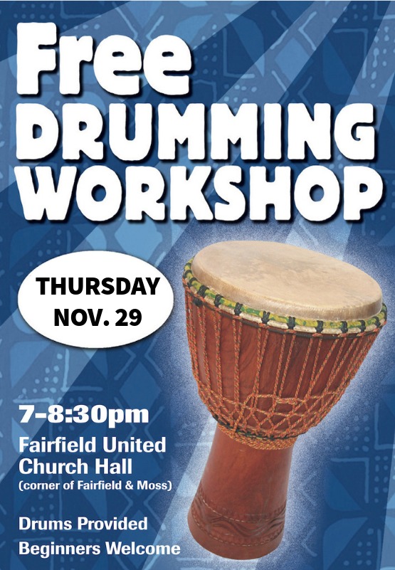 FREE DRUMMING WORKSHOP @ Fairfield United Church Nov 29 2018 - May 6th @ Fairfield United Church