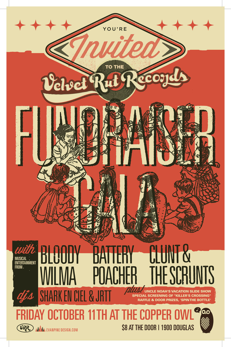 Velvet Rut Records Fundraiser Gala: Bloody Wilma, Battery Poacher, Clunt & the Scrunts, DJ Shark en Ciel, DJ JRTT @ Copper Owl Oct 11 2013 - May 12th @ Copper Owl