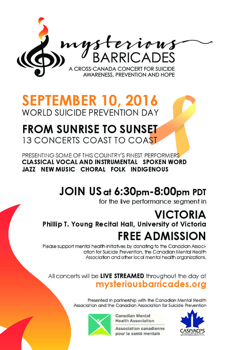 Mysterious Barricades: A cross-Canada concert for suicide awareness, prevention and hope @ Phillip T. Young Recital Hall (Uvic) - Sep 10, 2016