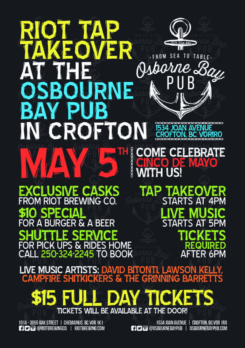 Riot Tap Takeover: David Bitoni, Lawson Kelly, CAMPFIRE SHITKICKERS, The Grinning Barretts @ Osborne Bay Pub May 5 2018 - May 6th @ Osborne Bay Pub