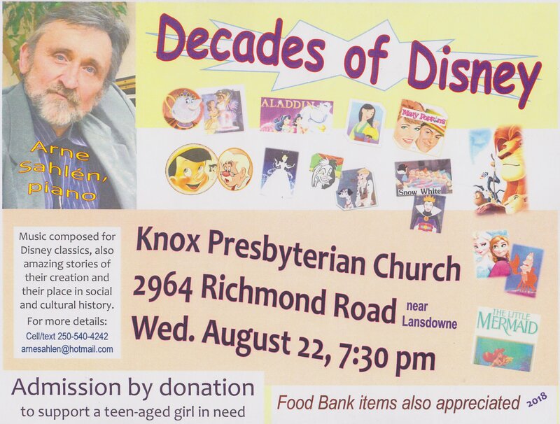 Decades of DISNEY! Music, song sheets, amazing stories: Arne Sahlen, pianist @ Knox Presbyterian Church Aug 22 2018 - May 7th @ Knox Presbyterian Church