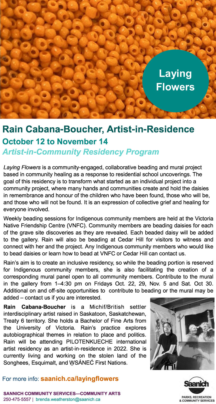 Laying Flowers: Project and Exhibition with Artist-in-Residence Rain Cabana-Boucher - May 10th @ The Arts Centre at Cedar Hill 