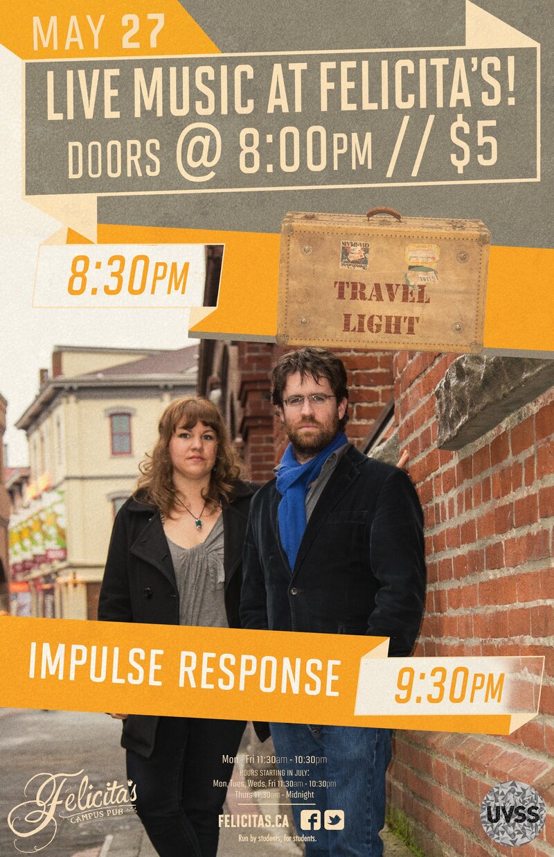 Impulse Response and Travel Light at Felicitas: Impulse Response, Travel Light, Alexander Brendan Ferguson, Shanna Dance @ Felicita's Pub May 27 2016 - May 6th @ Felicita's Pub