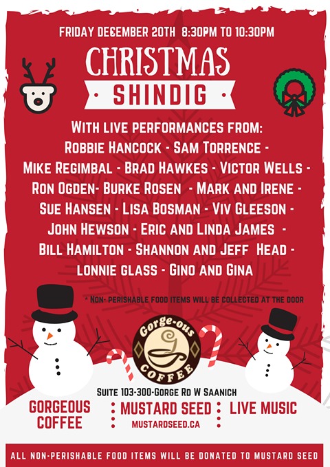 Christmas Shindig: Robbie Hancock, Sam Torrence, Mike Regimbal, Brad Hawkes, Victor Wells, Ron Ogden, Burke Rosen, Mark and Irene, Sue Hansen, Lisa Bosman, Viv Gleeson, John Newson, Eric and Linda James, Bill Hamilton, Shannon and Jeff Head, Lonnie Glass, Gino Marrelli @ Gorge-ous Coffee Dec 20 2019 - May 6th @ Gorge-ous Coffee