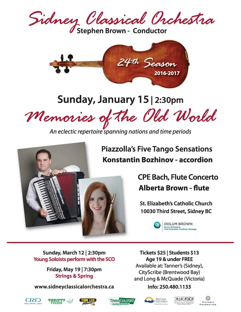 Sidney Orchestra • Memories of the Old World,: Stephen Brown, Sidney Classical Orchestra, Alberta Brown, Konstantin Bozhinov @ St. Ellizavbeth's Catholic Church - Jan 15, 2017