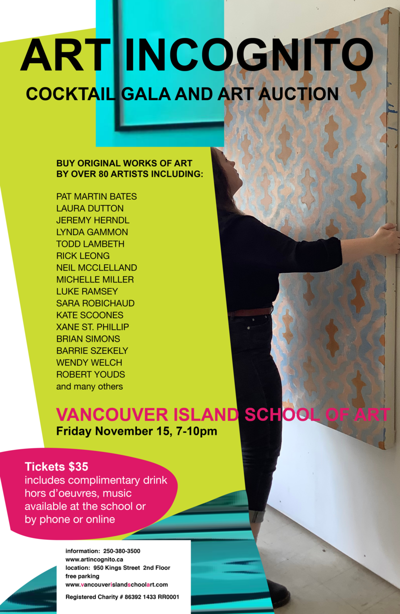 Art Incognito: Pat Martin Bates, Tamara Bond, Laura Dutton, Jeremy Herndl, Lynda Gammon, Todd Lambeth, Rick Leong, John Luna, Neil McClelland, Michelle Miller , Luke Ramsey, Sara Robichaud @ Vancouver Island School of Art Nov 15 2019 - May 6th @ Vancouver Island School of Art