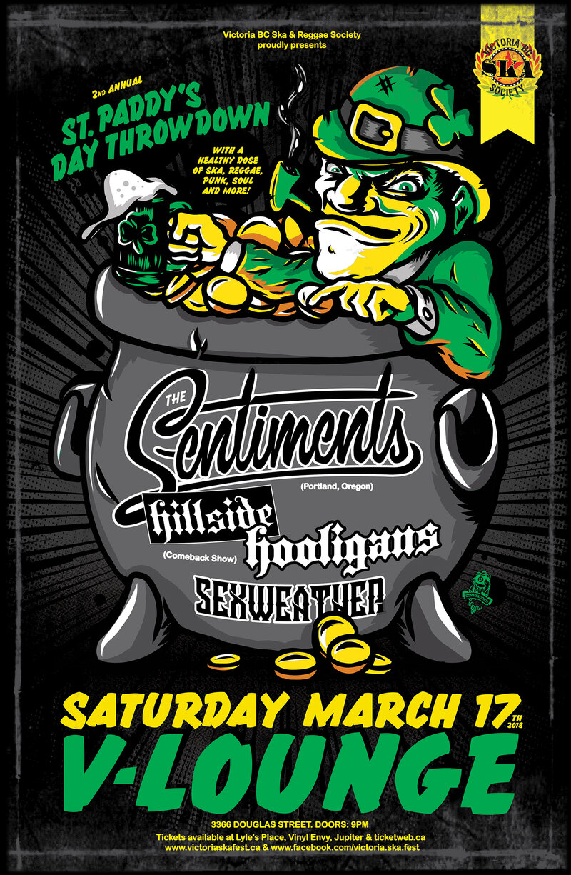ST. PADDY'S DAY THROWDOWN featuring: The Sentiments, Hillside Hooligans, Sexweather @ V-lounge Mar 17 2018 - May 8th @ V-lounge