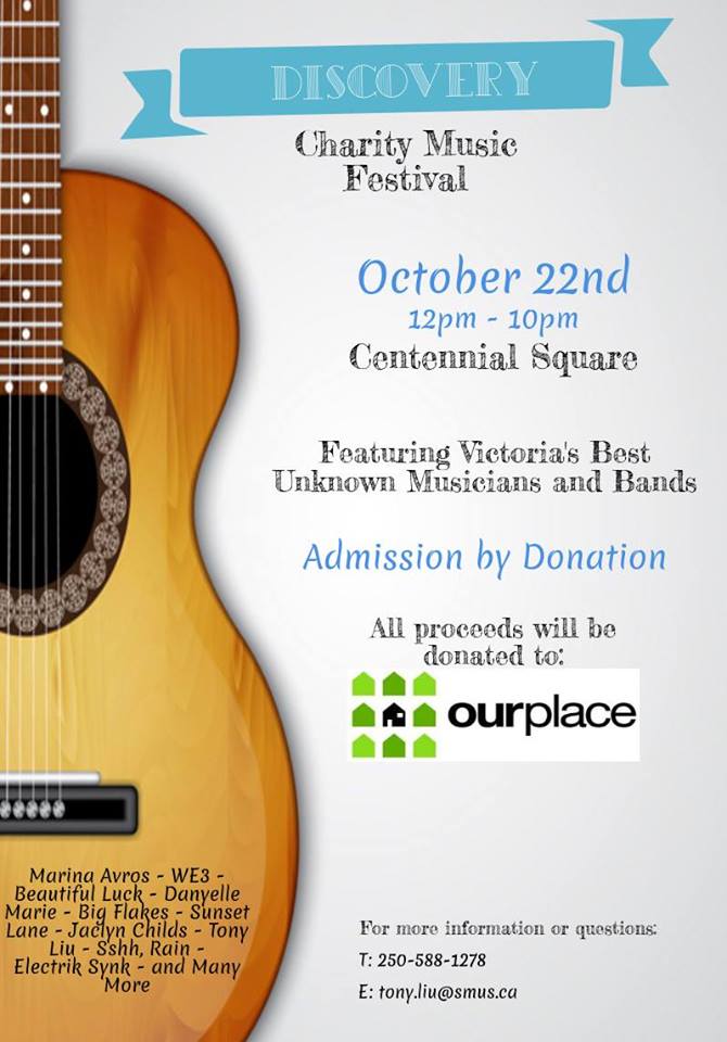 Discovery: Charity Music Festival: Marina Avros, Beautiful Luck, Danyelle Marie, Big Flakes, Sunset Lane, Jaclyn Childs, Tony Liu, Shhh, Rain, Electrik Synk @ Centennial Square Oct 22 2017 - May 5th @ Centennial Square