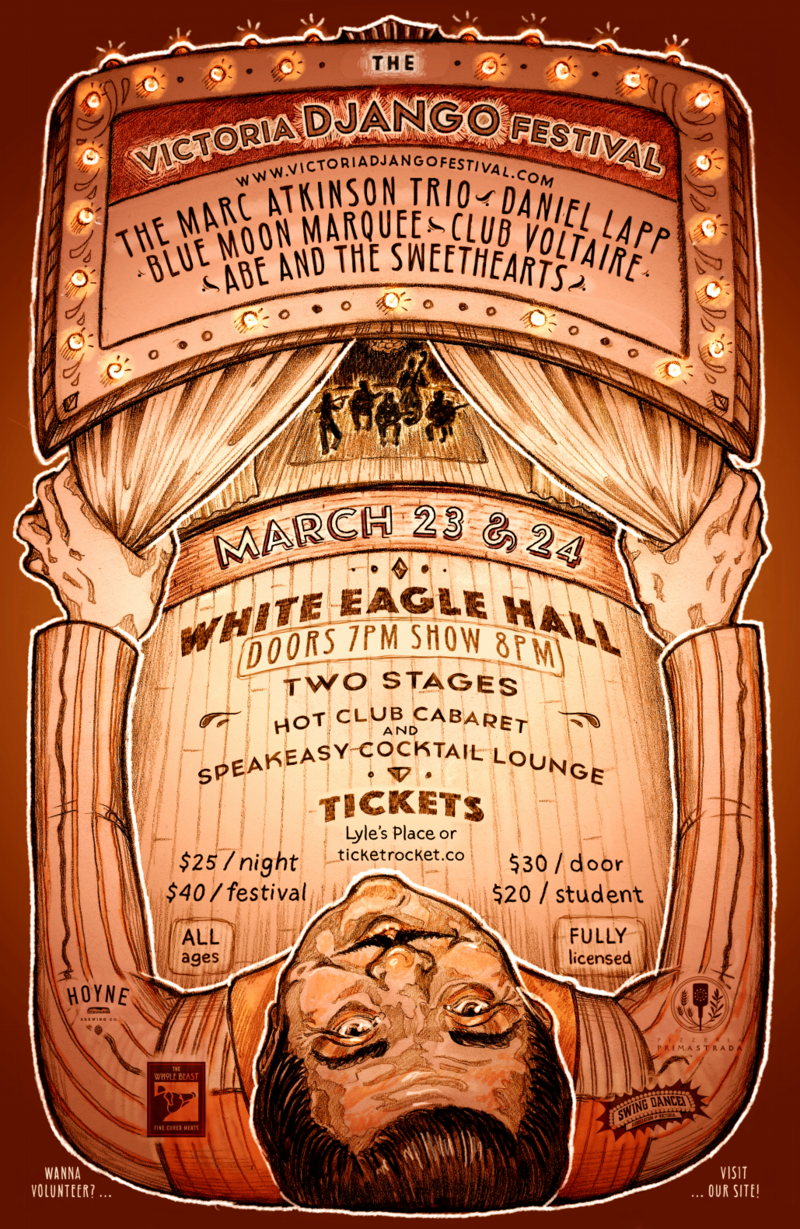 The Victoria Django Society: Marc Atkinson Trio, Daniel Lapp, Blue Moon Marquee, Abe & The Sweethearts, Club Voltaire, adam dobres, Richard Moody, Oliver Swain @ White Eagle Polish Hall Mar 23 2018 - May 6th @ White Eagle Polish Hall