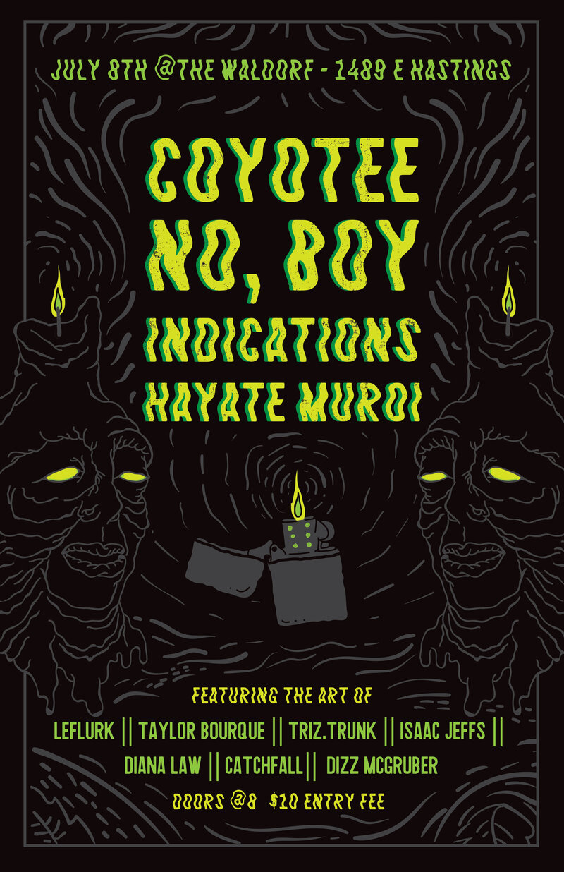 Art & Music Night at The Waldorf: COYOTEE, Indications, No, Boy, Hayate Muroi, Leflurk, Taylor Borque, Triz.Trunk, Isaac Jeffs, Diana Law, Catchfall Photography @ The Waldorf Jul 8 2017 - May 12th @ The Waldorf