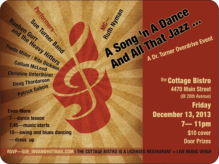 Sue Turner Band, Rueben Gurr, Theda Phoenix @ Cottage Bistro Dec 13 2013 - May 13th @ Cottage Bistro