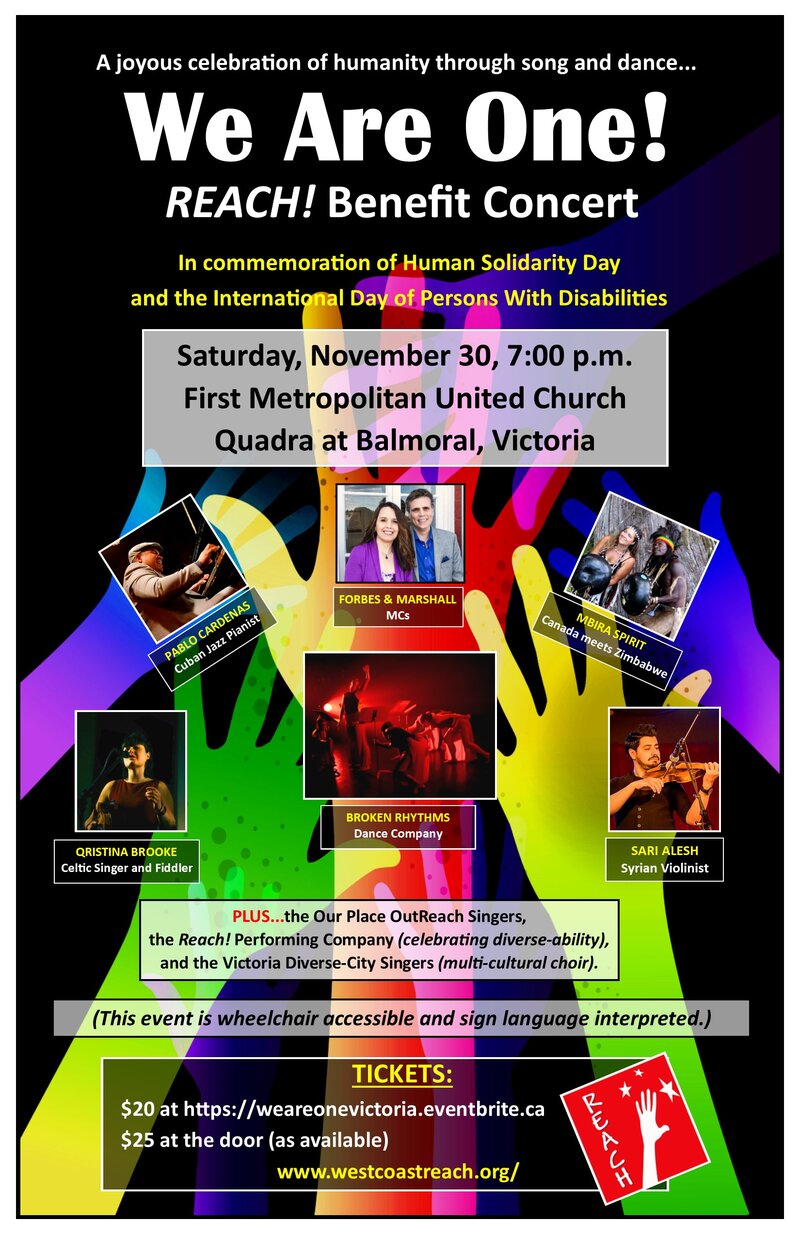 WE ARE ONE!: Pablo Cardenas (Cuban jazz pianist), Qristina Brooke (Celtic singer/fiddler), Victoria Diverse-City Singers, Mbira Spirit (Canada meets Zimbabwe), Reach Performing Co. (celebrating diverse-ability), Broken Rhythms Dance Co., Sari Alex  (Syrian violinist), The Our Place OutReach Singers, MCs: Forbes and Marshall @ United Commons (First Metropolitan United Church) Nov 30 2019 - May 6th @ United Commons (First Metropolitan United Church)