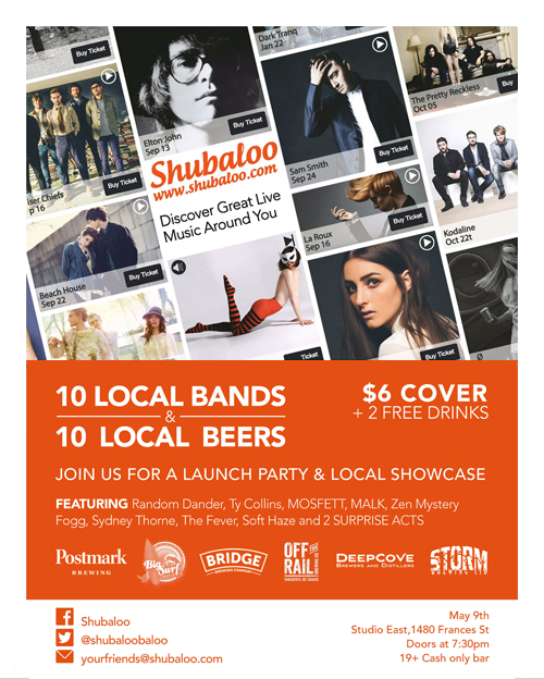 Shubaloo Launch Party and 10-band Local Showcase: Random Dander , War Baby, Other Jesus, Mosfett , MALK, Ty Collins, Soft Haze, Sydney Thorne, The Fever, +SURPRISE ACT @ Studio East May 9 2015 - May 7th @ Studio East