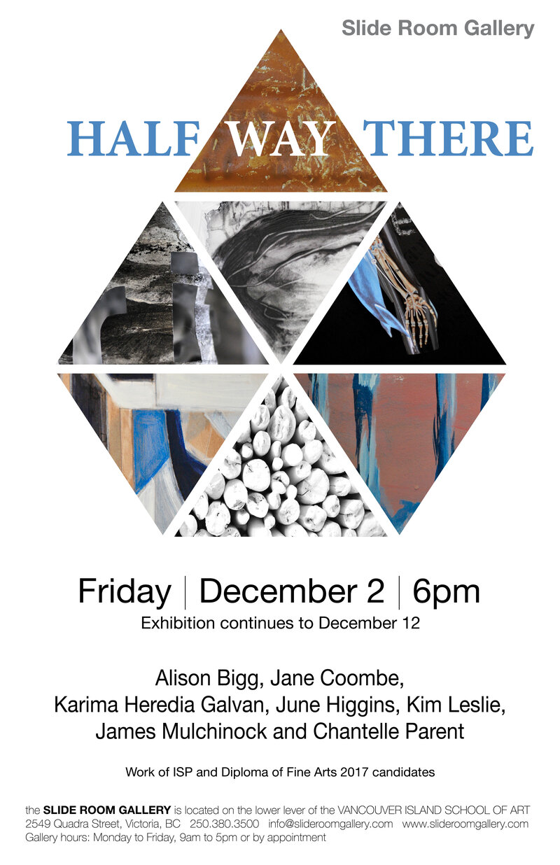 Half Way There: Alison Bigg, Jane Coombe, Karima Heredia Galvan, June Higgins,  Kim Leslie, James Mulchinock, Chantelle Parent @ Slide Room Gallery Dec 2 2016 - May 5th @ Slide Room Gallery