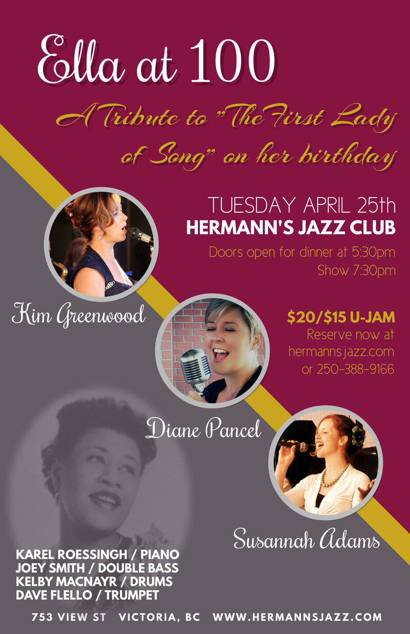 Ella at 100: A Tribute to "The First Lady of Song": Kim Greenwood, Diane Pancel, Susannah Adams @ Hermann's Jazz Club Apr 25 2017 - May 6th @ Hermann's Jazz Club