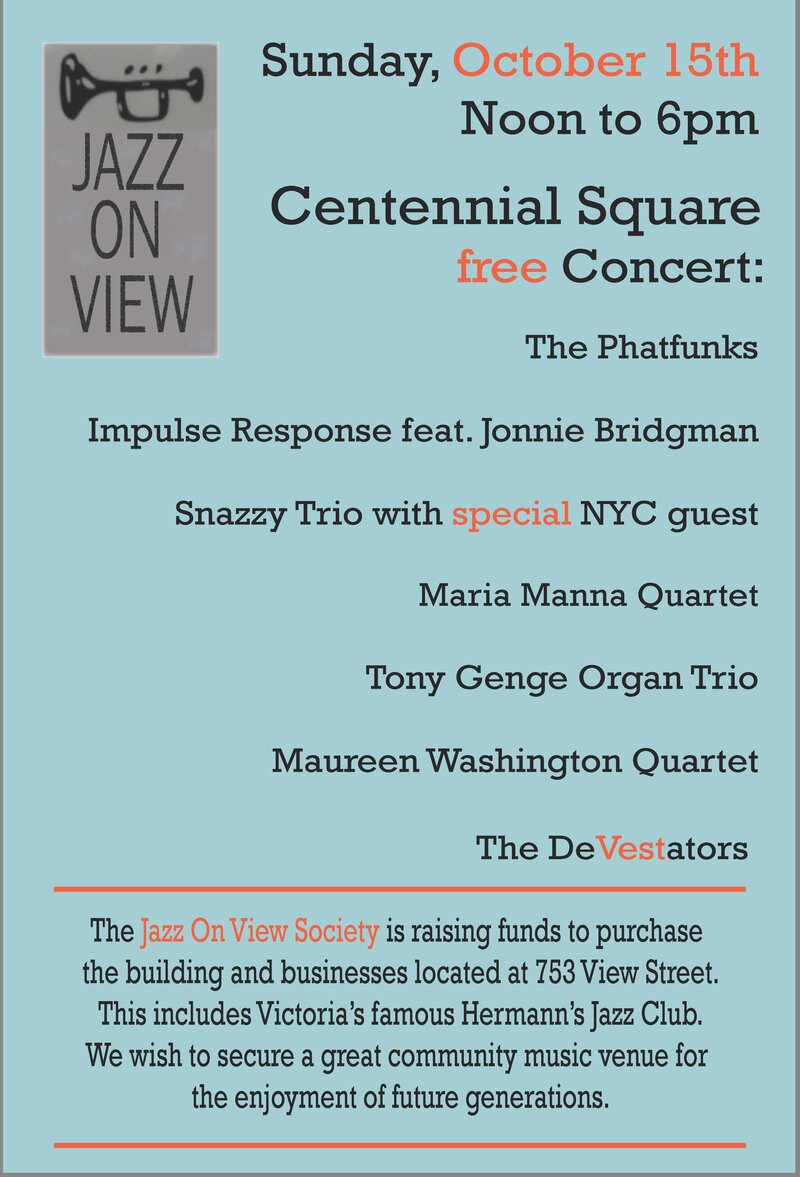 Jazz On View Awareness Concert: The Phatfunks, Impulse Response, Snazzy Trio, Maria Manna, Tony Genge Organ Trio, Maureen Washington, The Devestators, . @ Centennial Square Oct 15 2017 - May 6th @ Centennial Square
