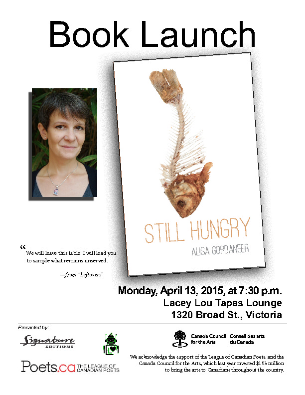 'Still Hungry'  - BOOK LAUNCH & READING: Alisa Gordaneer @ Lacey-Lou Tapas Lounge Apr 13 2015 - May 6th @ Lacey-Lou Tapas Lounge