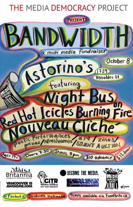 BANDWIDTH: A multimedia fundraiser!: Nightbus, The Red Hot Icicles Burning on Fire, Nouveau Clich&eacute;, Poetic performances / Art / Zines / prizes / refreshments /silent auction @ Astorino's Oct 8 2014 - May 7th @ Astorino's