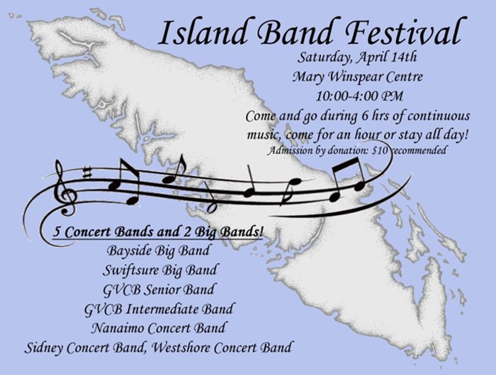 Island Band Festival: GVCB Senior Band, Sidney Concert Band, GVCB Intermediate Band, Westshore Concert Band, Bayside Big Band, Swiftsure Big Band, Nanaimo Concert Band @ Mary Winspear Centre Apr 14 2018 - May 16th @ Mary Winspear Centre