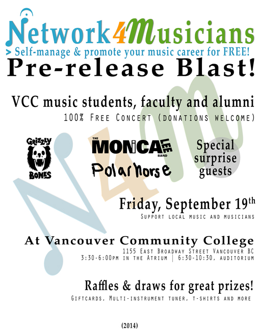 Pre-release blast! FREE Concert: Grizzly Bones, Monica Lee Band, POLARHORSE, Windy Bridges, Giorgio Magnanensi, Steven Botel, Hot Ceiling, Creative Music Improv. Ensemble @ Vancouver Community College Sep 19 2014 - May 10th @ Vancouver Community College