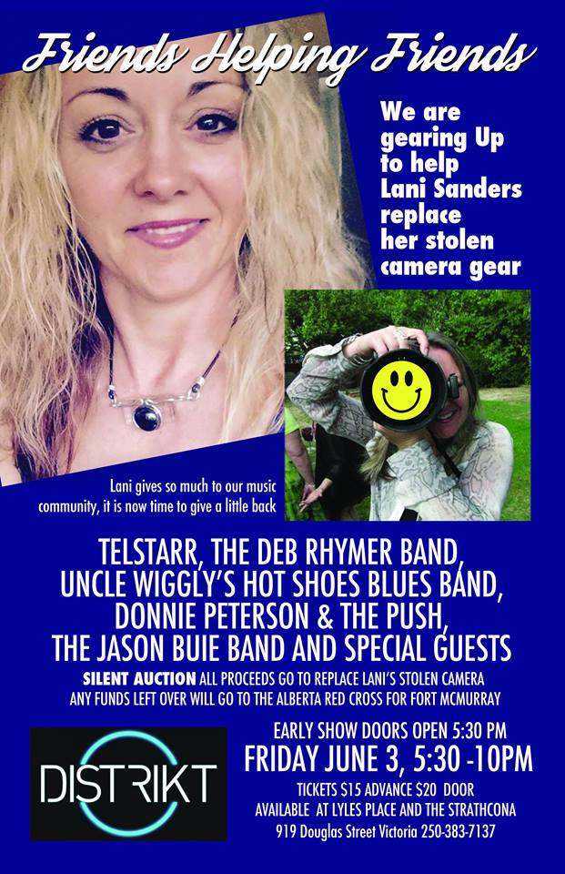 Friends Helping Friends- a Benefit for Photographer Lani Sanders: Telstarr, The Deb Rhymer Band, Uncle Wigglys Hot Shoes Blues Band, Don Peterson & The Push Band , Jason Buie Band @ Distrikt Jun 3 2016 - May 6th @ Distrikt