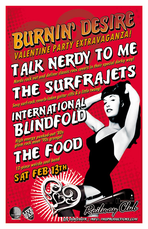 BURNIN' DESIRE Valentine Party Extravaganza!: International Blindfold, Talk Nerdy To Me, The FOOD, The Surfrajets @ Railway Club Feb 13 2016 - May 8th @ Railway Club