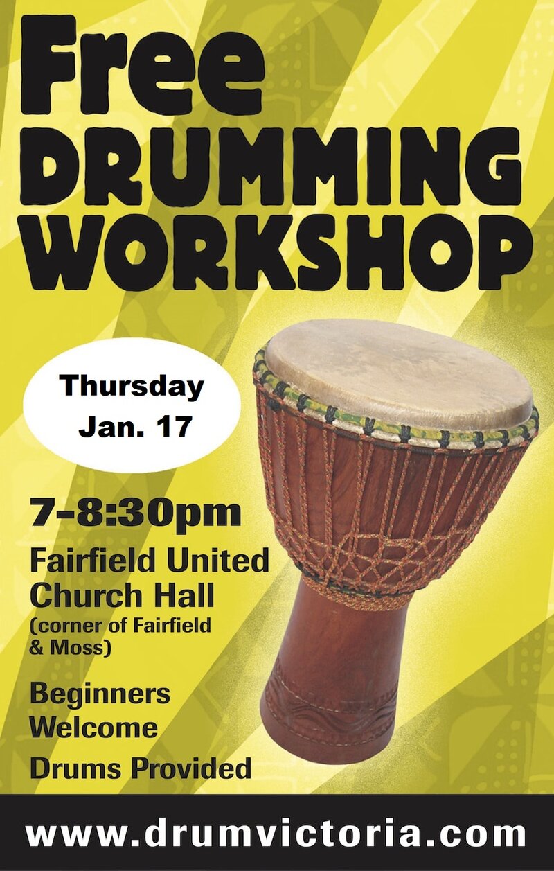 FREE DRUMMING WORKSHOP @ Fairfield United Church Jan 17 2019 - May 6th @ Fairfield United Church