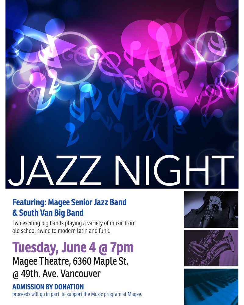 Jazz Night: Magee Senior Jazz Band, South Van Big Band @ Magee Secondary School Auditorium Jun 4 2019 - May 8th @ Magee Secondary School Auditorium