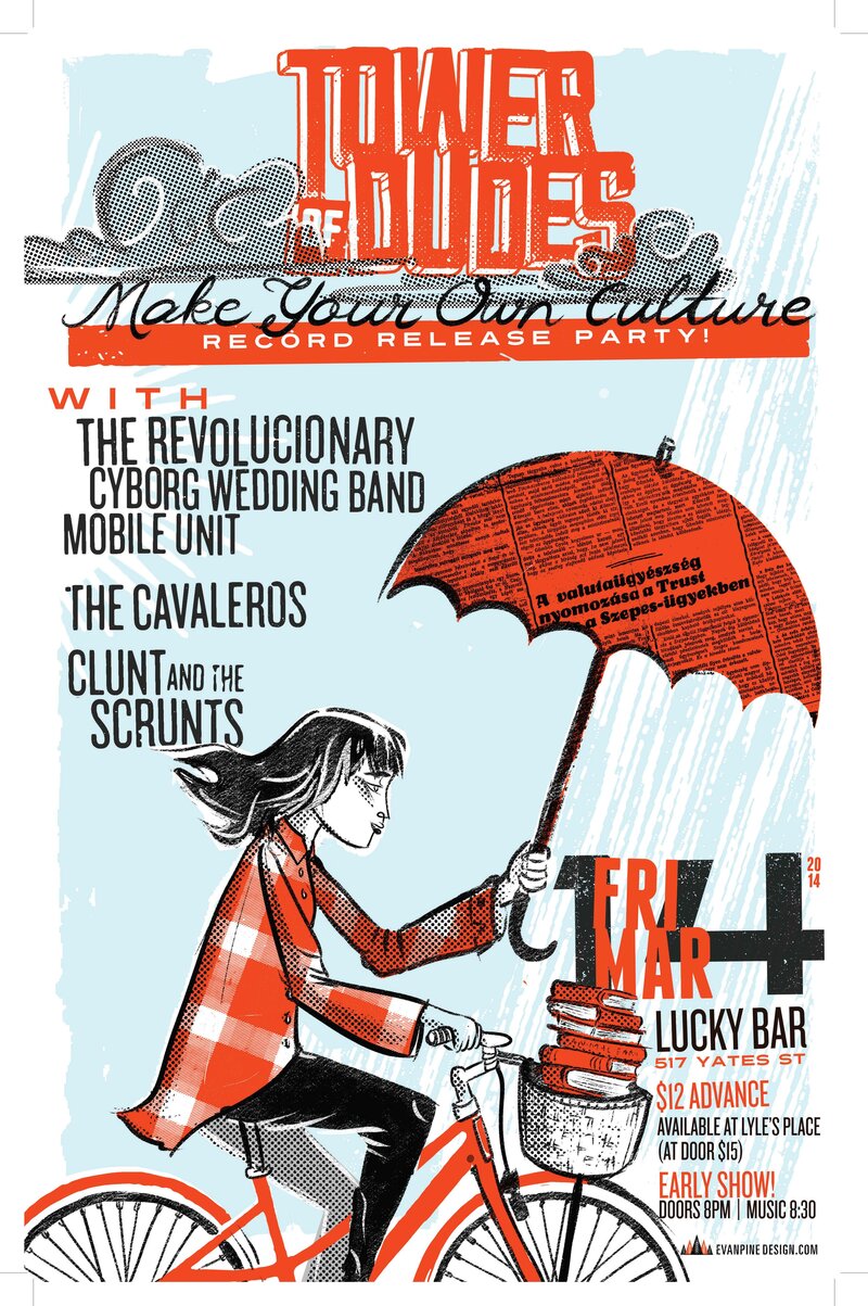 ALBUM RELEASE PARTY!: The Tower of Dudes, The Revolucionary Cyborg Wedding Band Mobile Unit, The Cavaleros, Clunt & the Scrunts @ Lucky Bar Mar 14 2014 - May 7th @ Lucky Bar