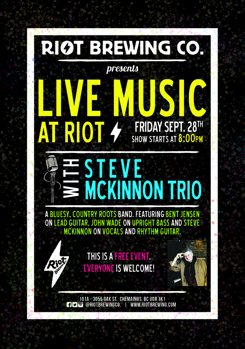Live Music At Riot: Steve McKinnon Trio, Bent Jensen  (on lead guitar), John Wade (on upright bass) @ Riot Brewing Co. Sep 28 2018 - Jun 7th @ Riot Brewing Co.