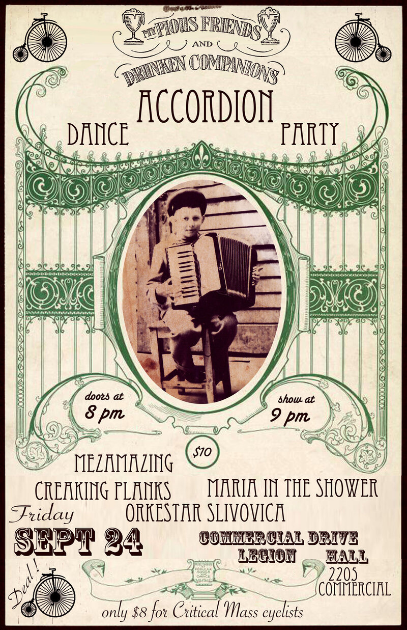 Mezamazing, maria in the shower, Orkestar  &Scaron;livovica , The Creaking Planks @ Commercial Drive/Grandview Legion Hall Sep 24 2010 - May 7th @ Commercial Drive/Grandview Legion Hall