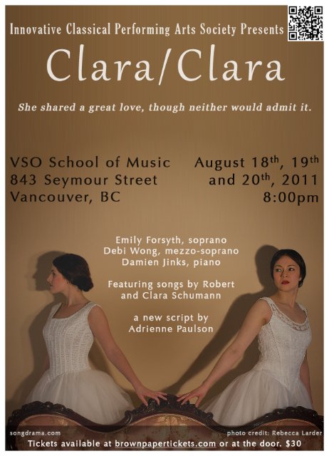 Clara/Clara, Emily Forsyth , Debi Wong, Damien Jinks  @ VSO School of Music (Pyatt Hall) Aug 18 2011 - May 10th @ VSO School of Music (Pyatt Hall)