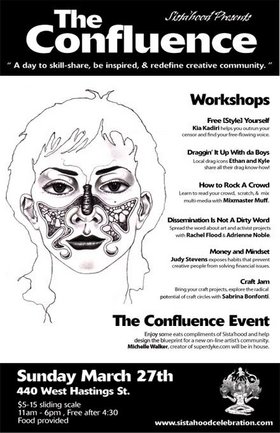 The Confluence: A day to skill share, be inspired and redefine creative community: Kia Kadiri, Mixmaster Muff, Ethan and Kyle, Rachel Flood, Adrienne Noble, Judy Stevens, Sabrina Bonfonti, Michelle Walker @ 440 West Hastings Mar 27 2005 - May 6th @ 440 West Hastings