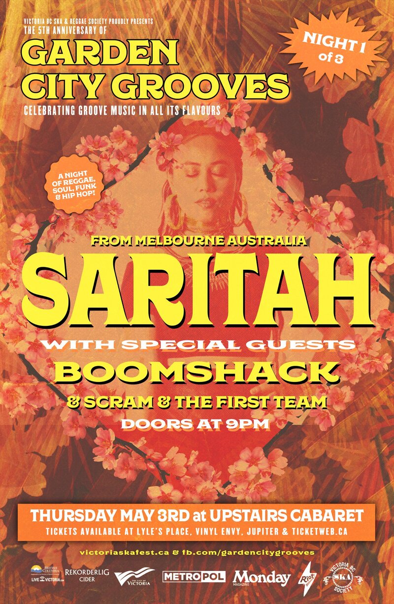 Garden City Grooves Opening night with SARITAH (Perth, Australia): Saritah, Boomshack, Scram and The First Team @ Upstairs May 3 2018 - May 6th @ Upstairs