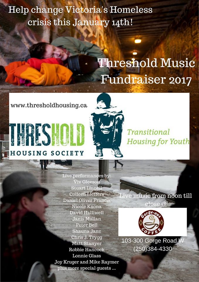 Threshold Fundraiser: Robbie Hancock, Lonnie Glass, Daniel Oliver Francis, Viv Gleason, Shauna Janz, Joy Kruger, Nicole Kaona, David Halliwell, Colleen Leiffers, Stuart Linnell, Peter Bell, Janis Mullan, Chris J. Trigg, Mike Raymer, Matt Stanyer @ Gorge-ous Coffee Jan 14 2017 - May 8th @ Gorge-ous Coffee