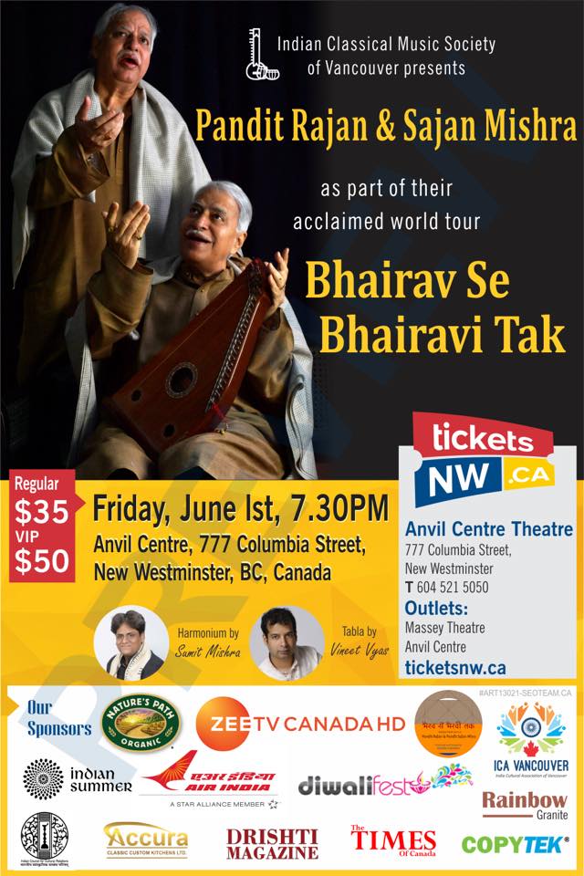 Bhairav Se Bhairavi Tak - Indian Classical Music Concert: Pandit Rajan Mishra, Pandit Sajan Mishra, Vineet Vyas, Sumit Mishra @ Anvil Centre - Jun 01, 2018