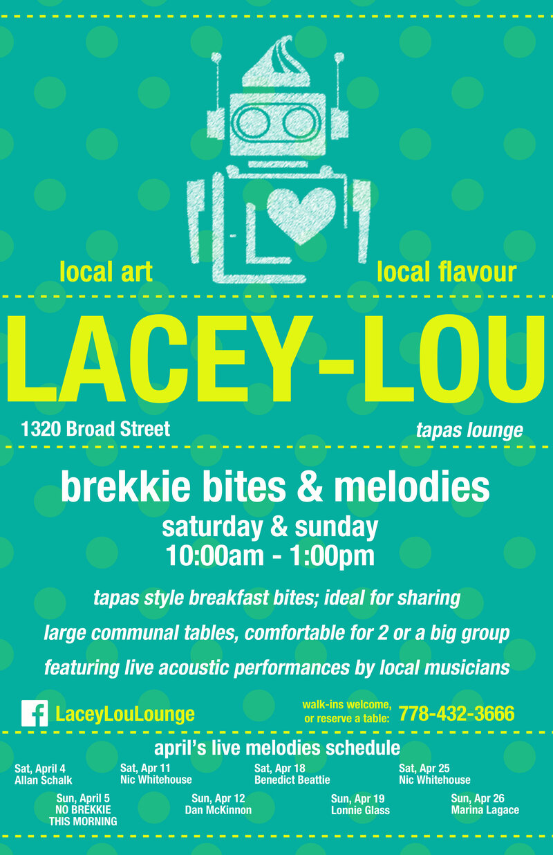 BREKKIE BITES & (live) MELODIES: Nic Whitehouse, Dan McKinnon, Benedict Beattie, Lonnie Glass, Marina Lagace @ Lacey-Lou Tapas Lounge Apr 12 2015 - May 6th @ Lacey-Lou Tapas Lounge