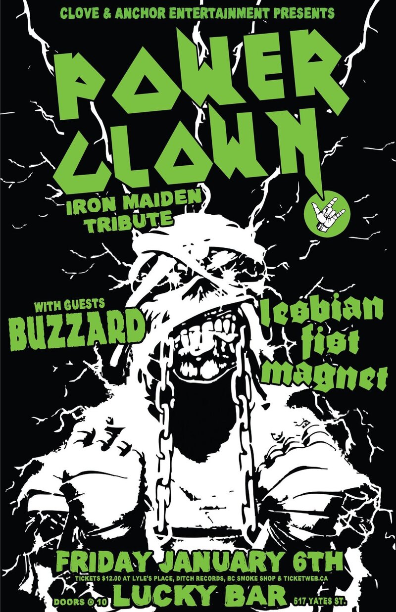 Iron Maiden Tribute: Power Clown, BuzzArd, Lesbian Fist Magnet @ Lucky Bar Jan 6 2012 - May 8th @ Lucky Bar