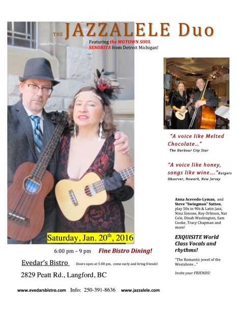EXQUISITE World Class Vocals: Jazzalele @ Evedar's Bistro Jan 20 2017 - Apr 30th @ Evedar's Bistro