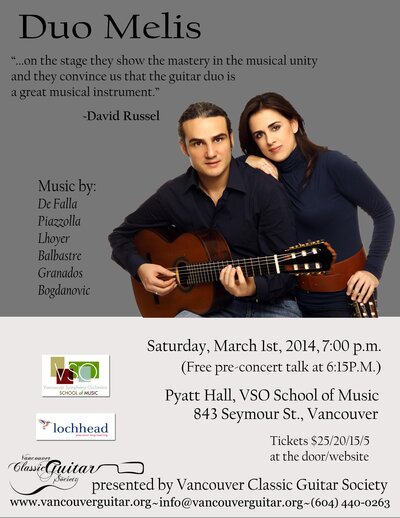 Duo Melis  (classical guitar recital) @ VSO School of Music (Pyatt Hall) Mar 1 2014 - May 7th @ VSO School of Music (Pyatt Hall)