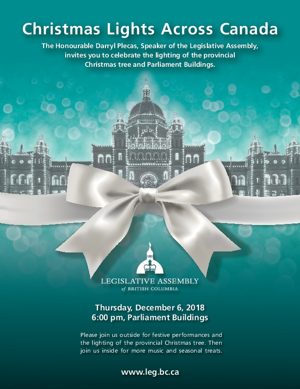 Christmas Lights Across Canada: South Park Elementary School, St. Margaret's Secondary School Choir, SingYourJoy Young Adult Chorus, Reynolds Secondary School Carol Band @ BC Parliament Buildings Dec 6 2018 - May 16th @ BC Parliament Buildings