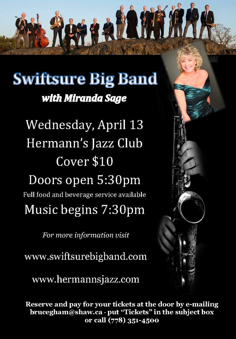 Swiftsure Big Band, Miranda Sage @ Hermann's Jazz Club Apr 13 2016 - May 16th @ Hermann's Jazz Club
