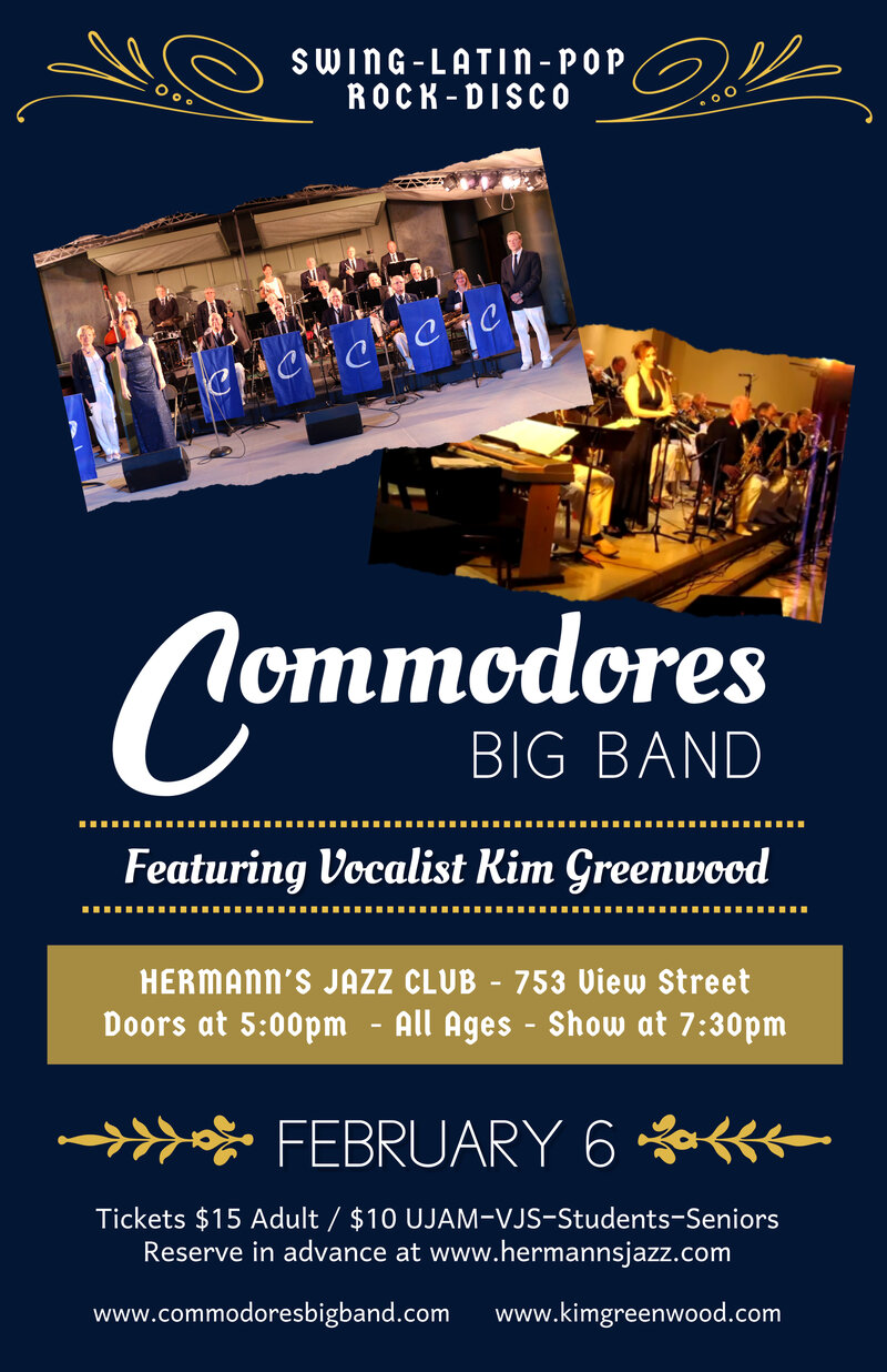 Commodores Big Band (featuring), Kim Greenwood @ Hermann's Jazz Club Feb 6 2019 - May 1st @ Hermann's Jazz Club