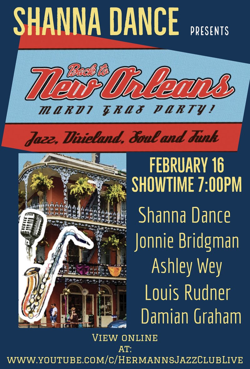Shanna Dance: Mardi Gras Party! @ Hermann's Jazz Club Feb 16 2021 - May 7th @ Hermann's Jazz Club