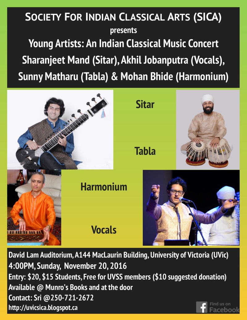 An Indian (Hindutani) Classical Music with Sitar, Vocals, Harmonium and Tabla: Sharanjeet Mand, Akhil Jobanputra, Mohan Bhide, Sunny Matharu @ David Lam Auditorium Nov 20 2016 - May 10th @ David Lam Auditorium