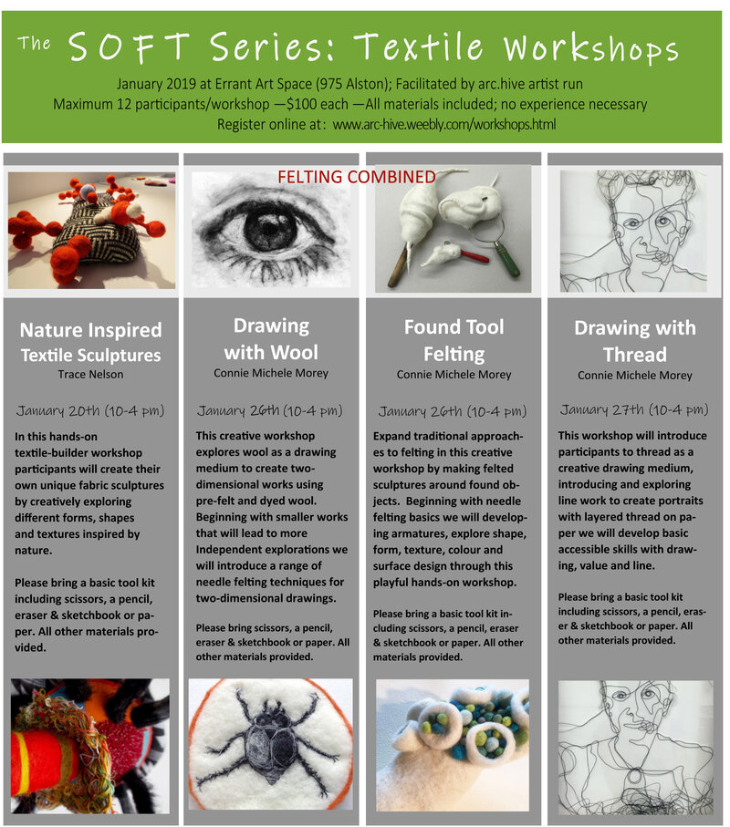 The Soft Series: Textile Workshops: Trace Nelson, Connie Michele Morey @ arc.hive artist run centre Jan 26 2019 - May 6th @ arc.hive artist run centre