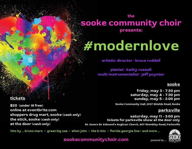 #modernlove with The Sooke Community Choir: Bruce Ruddell  (Artistic Director), Kathy Russell  (Collaborative Pianist), Jeff Poynter (multi-instrumentalist) @ Sooke Community Hall May 5 2019 - Apr 30th @ Sooke Community Hall